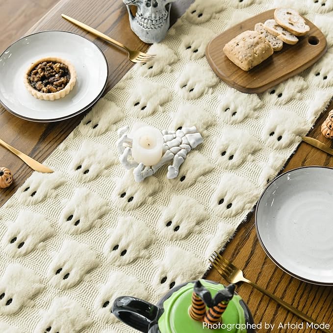 Artoid Mode Beige Ghost Soft Plush Faux Fur Jacquard Halloween Table Runner, Holiday Kitchen Dining Table Decoration for Home Party Decor 13x48 Inch