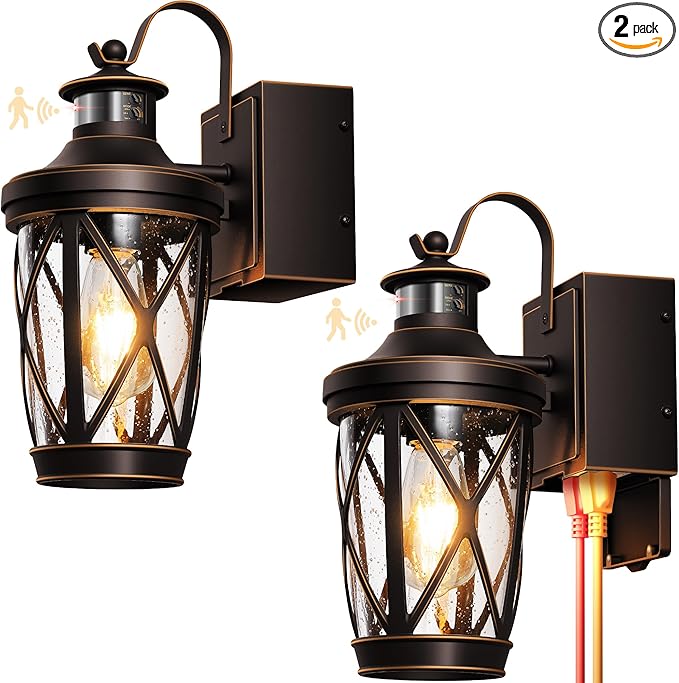 Motion Sensor Front Porch Light with GFCI Outlet, 2-Pack Oil Rubbed Bronze Outdoor Light Fixture with Outlet, Anti-Rust Exterior Sconce Light Wall Lantern, Modern Coach Lights for Garage, Entry