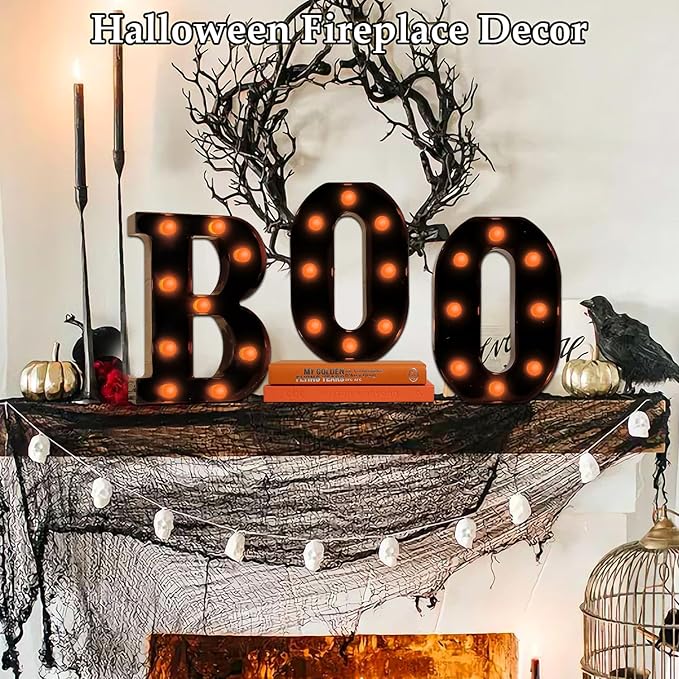Halloween Decorations Indoor-Boo 3 Led Marquee Light up Letters Halloween Decor Boo Signs Light for Home Fireplace Room Desk Mantel Wall Table Bedroom Kitchen Vintage Gothic Party Supplies Ornaments