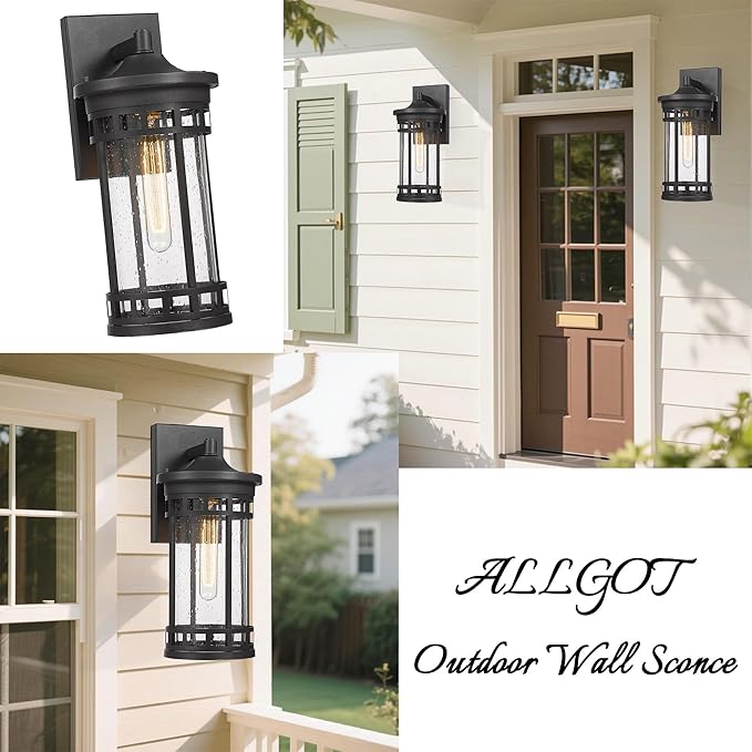 Outdoor Wall Sconce, Farmhouse Outdoor Wall Lantern with Seeded Glass ,Waterproof Exterior Lighting Fixture, Anti-Rust lamp Light for Patio Yard House Hallway Doorway Garage (Black,14.93 Inch Height)