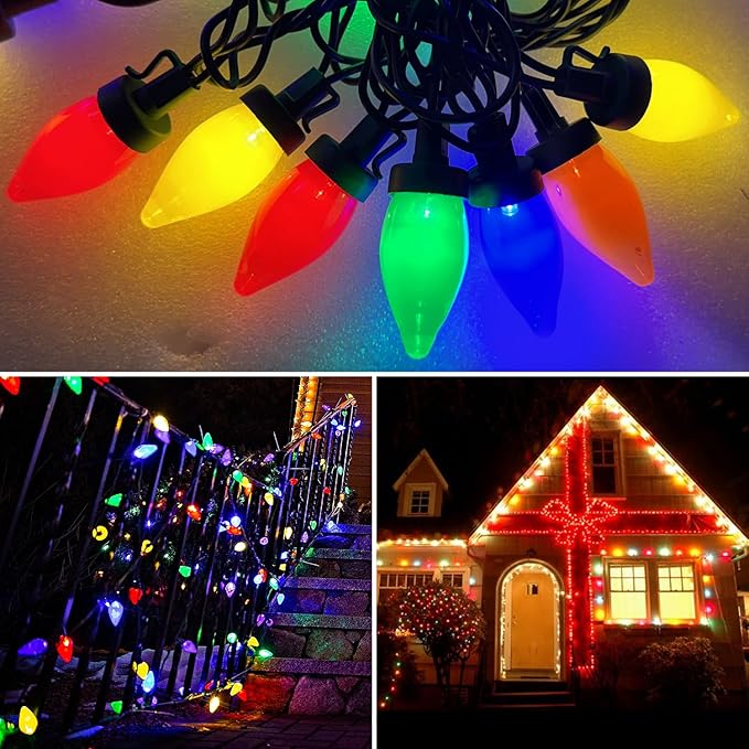 26.4Ft - 50 LED Bulbs Multicolor C7 LED Christmas Lights Outdoor Big Bulb Colored Christmas Tree Lights, Plug in Colorful C7 String Lights for Multicolored Indoor Outdoor Xmas Decorations, 0.6W = 7W