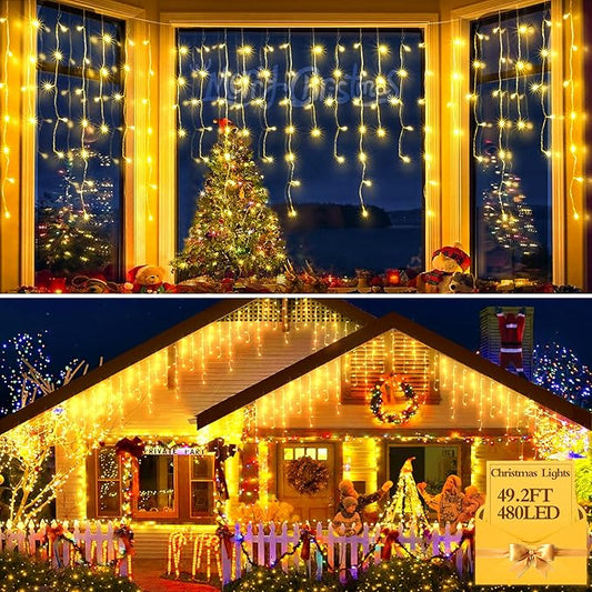 480 LED 49FT Christmas Lights Plug in 8 Modes with Timer Dimmable Ice Lights Outdoor Waterproof Indoor Ice String Lights for Roof Porch Garden Holiday Wedding Xmas Decor (Warm White)