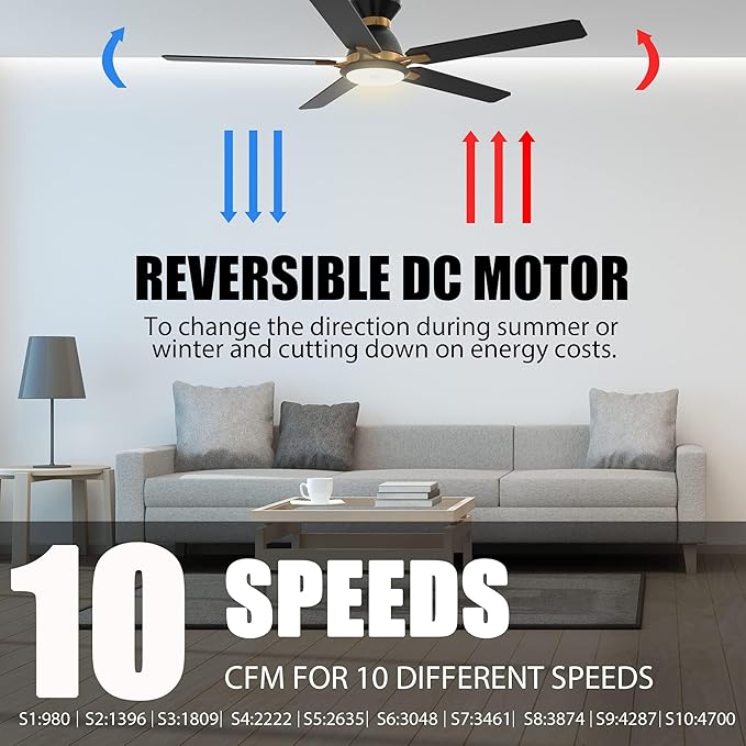 52'' Low Profile DC 10 Speeds Smart Ceiling Fan with Lights and Remote, Compatible with Alexa, Siri & Google Home & APP, 3 Light Colors Dimmable Black and Gold Fan