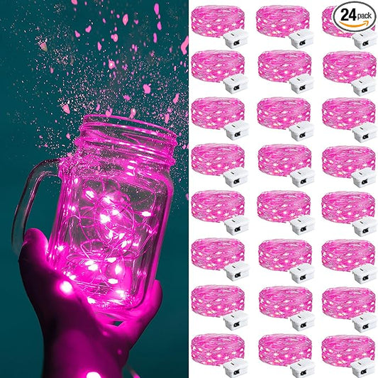 ZGWJ Fairy Lights Battery Operated, 24 Pack Pink Twinkle String Lights 20 LED 7FT Mason Jar Lights 3 Lighting Modes for Bedroom,Halloween, Christmas, Party Indoor and Outdoor Decoration