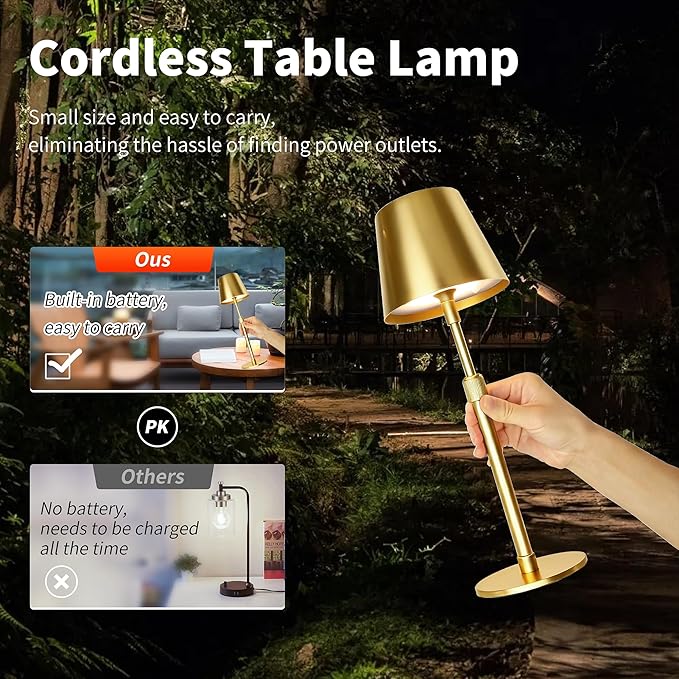 Mr.White Outdoor Waterproof Rechargeable Cordless Table Lamp with Telescopic Pole & Wicker Shade, 5200mAh Battery Operated Table Light with Touch Control, for Patio Restaurant Kitchen (Gold)