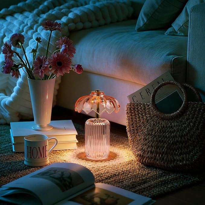 MJ PREMIER Cordless Lamp, Battery Operated Lamp with Timer, Crystal Glass Flower Lampshade, Small Table Lamps, Decorative Led Light for Bedroom Living Room Shelf (S-Pink)