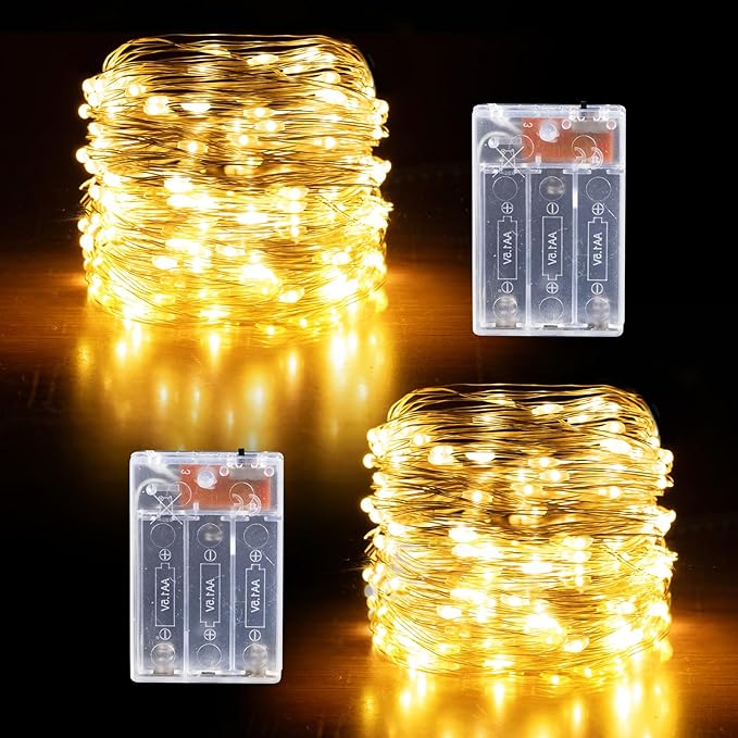 Fairy Lights Battery Operated String Lights 16.4ft 50LED Flashing and Constant Light Waterproof Silver Wire for Christmas DIY Party Wedding Decoration (Warm White, 2 Pack)