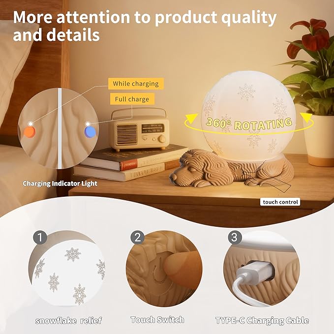 Cute Dog Lamp, Touch Control Battery Operated Bedside Lamp for Bedroom, Adjustable 3 Color Temperatures Rotatable Table Lamps for Nightstand, Nursery