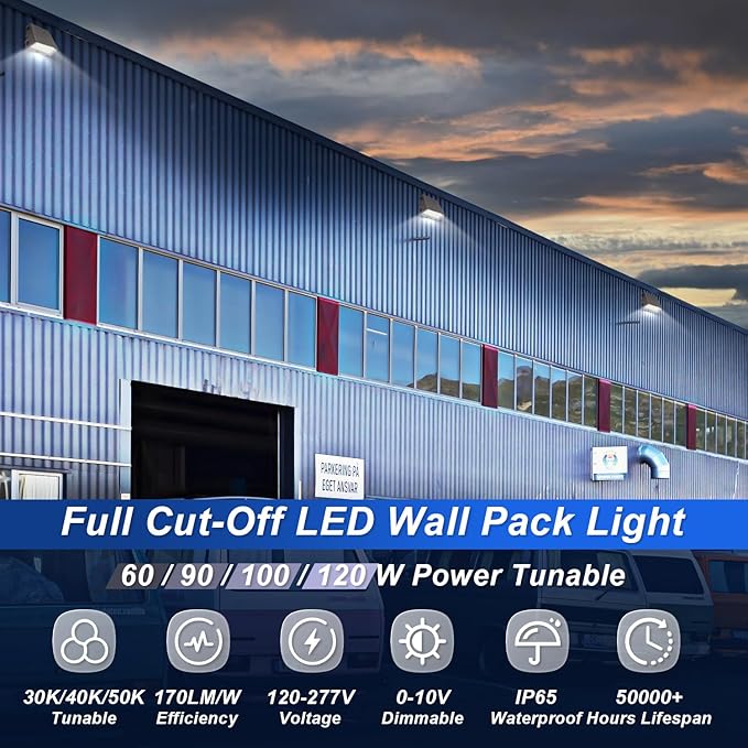 LED Full Cut Off Wall Pack Light with Dusk to Dawn Photocell, 60/90/100/120W Wattage Selectable, 3CCT 3000K/4000K/5000K, IP65 Waterproof Dimmable Outdoor Wall Light, AC120-277V DLC UL Listed