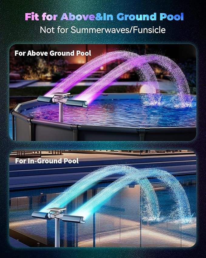Solar Pool Fountain with 8-Color 6-Mode RGBIC LED Lights, Above/Inground Solar Lights with Remote, 360°Adjustable Dual Spray Waterfall Sprinkler Fountain for Relaxation & Cooling 10-20°F