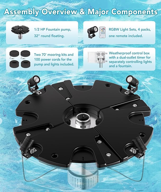 HQUA FS01 120V, 1/2HP, Large Pond Floating Fountain with FSL01 LED RGB Color-Changing Light Sets, 100’ Cord, 13000 GPH, Two Spray Patterns 32'x12' and 18'x6'