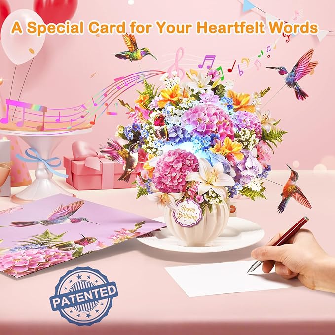 Pop Up Birthday Card with Music & Lights, 3D Pull-Out Flying Hummingbird Flower Bouquet Greeting Card, Elegant Floral Birthday Keepsake Gift with Envelope for Women Wife Mom Sister Friends Her