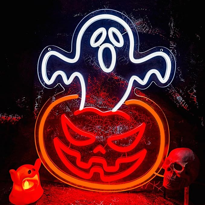 Ghost Pumpkin Halloween Window Lights Neon Signs for Indoor Wall Decor, Halloween LED Neon Light Decoration Sign for Party Doors Window (Ghost Pumpkin)