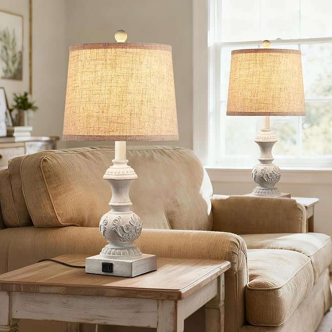 23.5" Set of 2 Farmhouse Table Lamps for Bedroom Bedside Lamp with USB A+C Ports Vintage Nightstand Lamps Antique Carved Floral Side Table Lamp for Living Room Office, White, Bulb Not Include