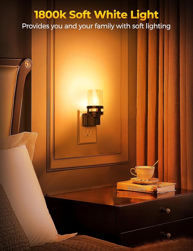 Briignite Candle Night Light Plug in [2 Pack], Amber Night Lights Plug into Wall, LED Night Light with Dusk to Dawn Light Sensor, 1800K Amber Candle Nightlight for Kids Hallway Bathroom Bedroom