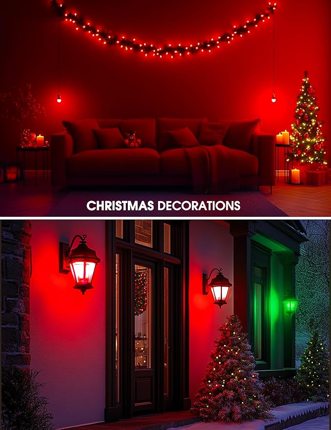 L LOHAS LED Red and Green Light Bulbs Outdoor 4 Pack, Red and Green Light Bulbs for Christmas Decoration, A19 9W, 720LM, E26 Base, Non-Dim