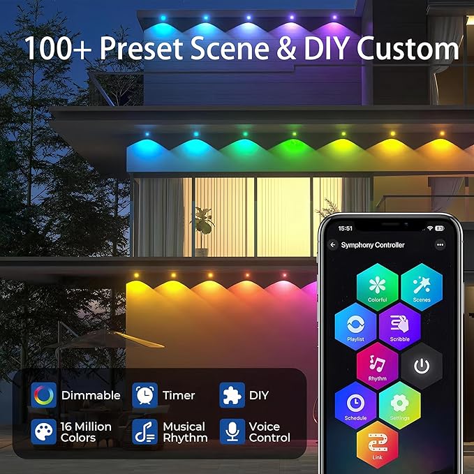 Permanent Outdoor Lights 150ft, RGBWC+IC Smart LED Strip with 50+ Scene Modes, IP68 Waterproof, App & Remote Control for Christmas, Holiday, Roof, and Pool Party Decor (100FT)