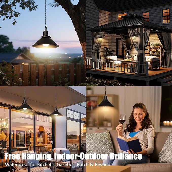 2 Pack Black Portable Battery Operated Hanging Lights, Rechargeable Wireless Outdoor Pendant Light with Remote, Battery Powered Chandelier Lantern Fixture for Indoor Outdoor Gazebo Porch Patio
