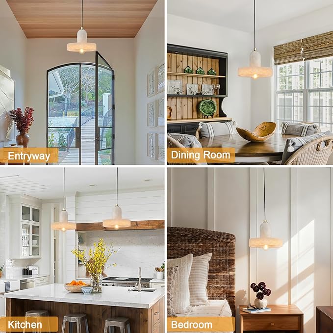 Alabaster Pendant Light for Kitchen Island, Modern Brass Hanging Light Fixture with Natural Alabaster Stone Shade, Adjustable Pendant Lighting Over Sink, Dining, Bar, Counter - 3 Pack