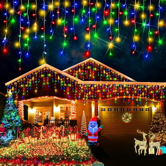 98FT 960 LED Christmas Lights, Waterproof 8 Modes Ice Lights for Outside with Memory and Timer Hanging Fairy Lights Plug-in Curtain String Lights for Holiday Party Wedding Home (Multicolor)