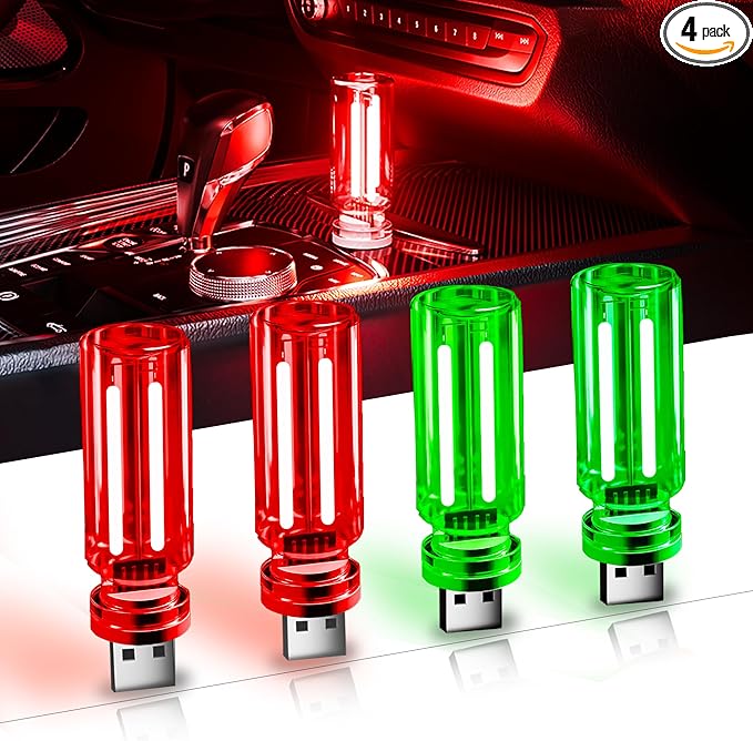 USB Car Night Light,Touch Dimmable Mini LED Lights,Portable Retro Glass Bottle Decorative Lights for Car Interior, Bedroom,Hallway & Party Decor,4-Pack((2Red&2Green)