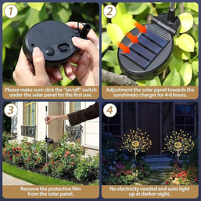 Outdoor Solar Garden Lights, 120 LEDs 8 Lighting Modes Waterproof Solar Fireworks Light Sparklers for Patio Walkway Yard Courtyards Pathway Christmas Party Decorations, Colorful(2 Pack)