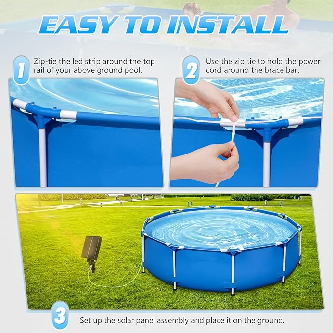 46ft Solar Pool Lights for Above Ground Pools, 120 LEDs Remote IP65 Waterproof Rope String Lights, 8 Color Modes, Swimming Frame Pool Decor Accessories for Outdoor Outside Trampoline Camping