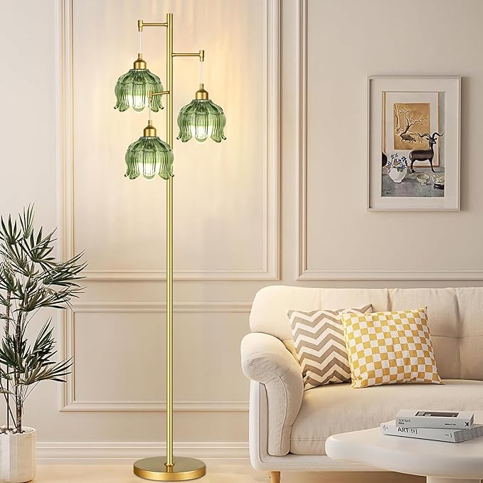 Vintage Floor Lamps for Living Room Bedroom-3 Light Glass Floor Lamp with Three Led Bulb, Modern Mid Century Standing Lamp Brass Tall Lamp Gold Tree Floor Lamp for Bedroom Corner