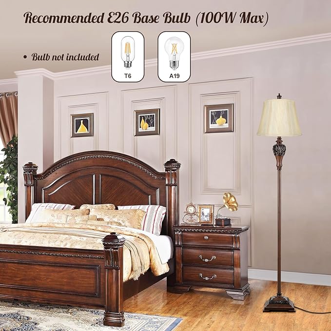 Vintage Floor Lamp for Living Room Traditional Farmhouse Tall Standing Lamp Mid-Century Antique Bedroom Pole Lamp with Bell Shape Faux Silk Shade Elegant Rustic Bright Lighting for Reading Home Decor