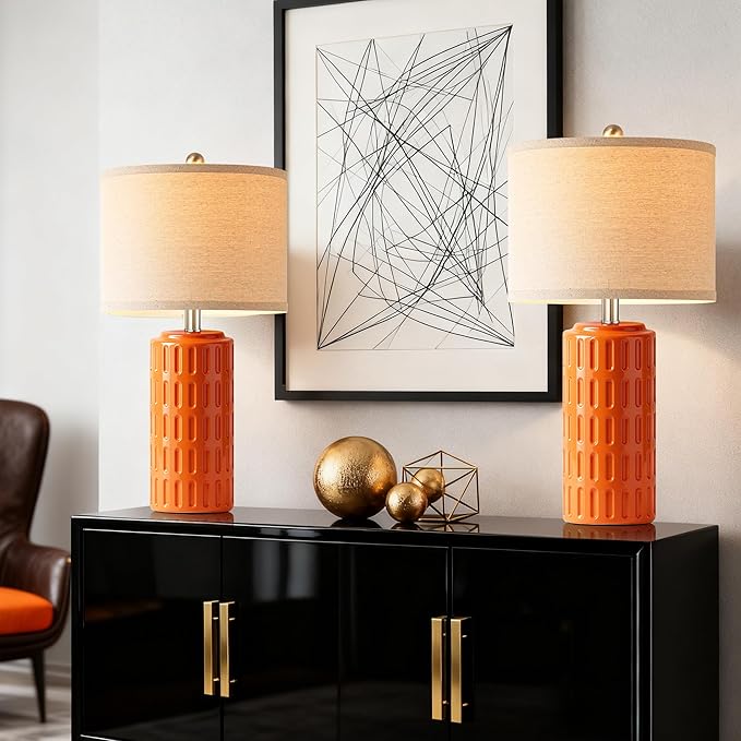 PARTPHONER 23" Farmhouse Modern Ceramic Table Lamp Set of 2 - Orange Bedside Lamps for Bedroom & Living Room, Nightstand, Desk, End Table