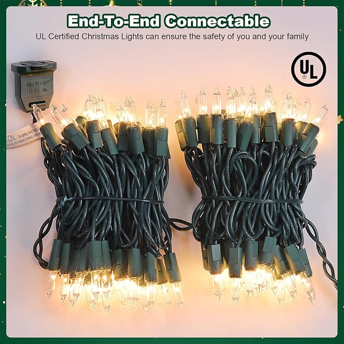 Christmas Lights 100 Count Clear Mini Lights Green Wire UL Certified Connectable Warm White String Lights for Christmas Decor (100 Count 21FT)