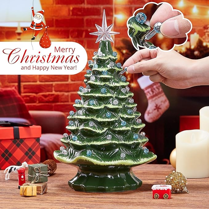 Boao 100 Pcs Ceramic Christmas Tree Bulbs with 5 Pcs Star Topper Light Ornaments Round and Heptagram Christmas Replacement Lights Bulbs for Village Xmas Tree Topper Decorations(Blue and Clear)