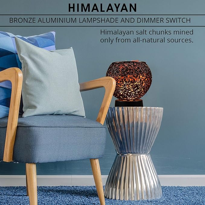 Plemo Natural Himalayan Salt Lamp with Genuine Wood Base in Classic Round Metal Basket with Dimmable Cord and Luxury Gift Box