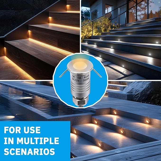 201 Mini Underground Lamp, 1W, DC12V, IP67, Low-Voltage Recessed Type, Stainless Steel 304 Cover, Suitable for Outdoor Grounds, Decks, Squares, Parks, Courtyards (3000K, 4Packs)