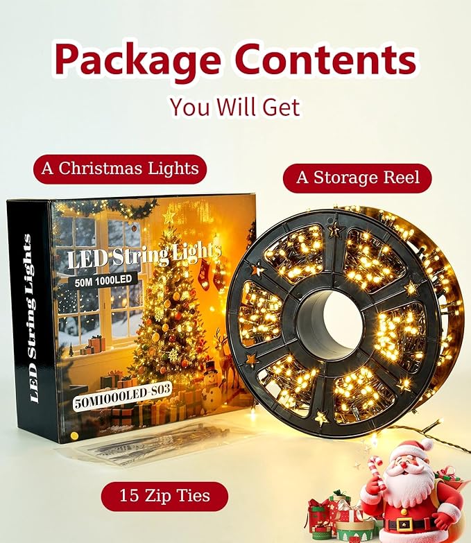 164FT 1000LED Warm White Christmas Lights Outdoor with 8 Modes, IP44 Waterproof Plug in Christmas Tree Light Fairy String Lights for Christmas, Patio, Garden, Indoor Outdoor Decor