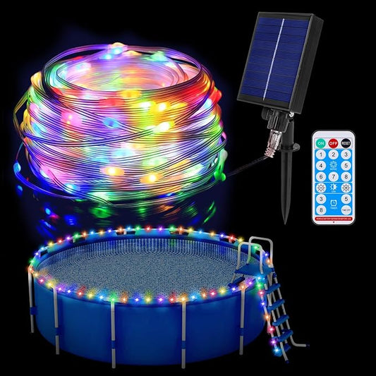 65ft Solar Pool Lights for Above Ground Pools, Waterproof 180 LEDs with Remote for Frame Swimming Pools Outside, 8 Color Modes Trampoline Lights Pool Accessories, Outdoor String
