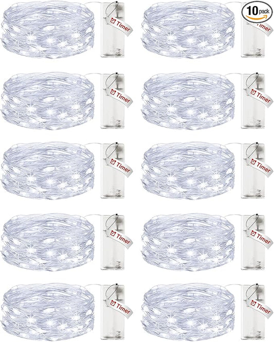 【10 Pack】Fairy Lights Battery Operated with Timer, 7FT 20LED String Lights Waterproof Silver Wire Fairy Light Battery Powered Twinkle Lights for Bedroom Christmas Wedding Indoor Party Decor Cool White