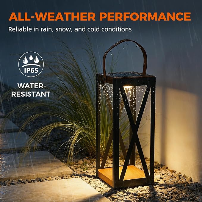Solar Yard Outdoor Floor Lamp Solar Powered Light with 50/100 Lumens Dual Brightness & Memory Mode, Patio Waterproof Metal Solar Lantern with Handle, Plant Decor for Patio, Yard, Porch, Large X-Black