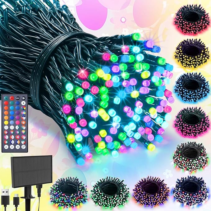 LitHome 100 LED Solar Christmas String Lights Outdoor, 33FT 34Colors Changing Solar/USB Easter String Lights Waterproof with Remote, 102 Modes Colorful Pastel Light for Tree Spring Party Holiday Decor
