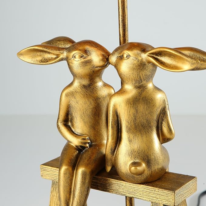 Kissing Bunny Lamp, H16in Gold Resin Rabbit Table Lamp, Valentine's Day Heartfelt Token, Energy Saving Night Light for Bedroom & Nightstand (Small White Shade)
