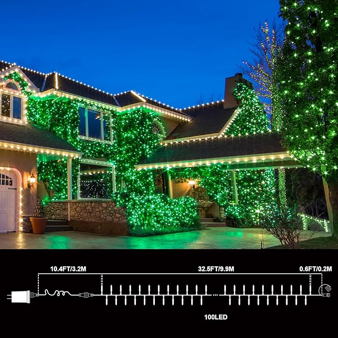 Green St Patricks Day Lights, 32.5FT 100LED Twinkle Christmas String Lights with 16 Lighting Modes, Waterproof Plug in for Indoor Outdoor Holiday Xmas Tree Garland Party Bedroom Decorations
