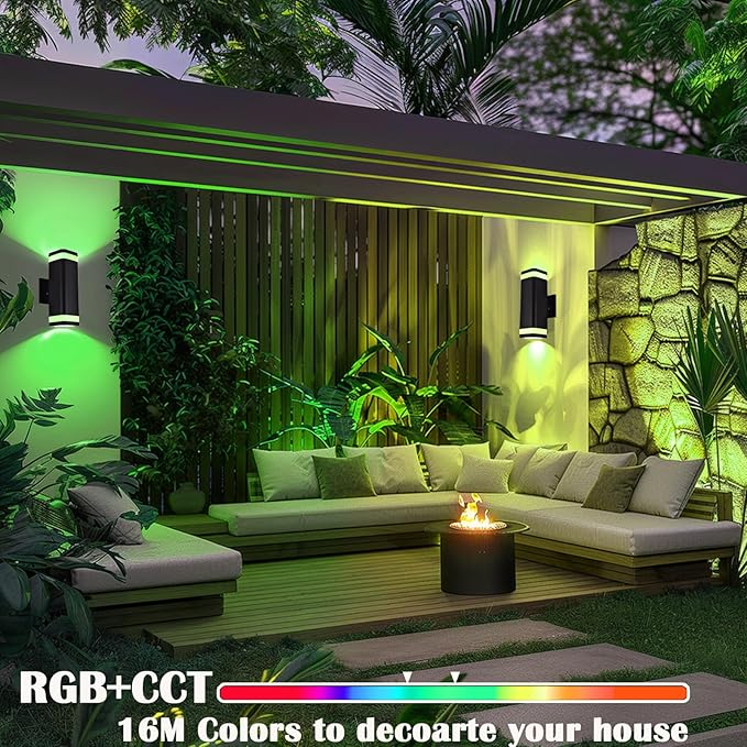 RGB Outdoor Wall Lights Outside Lighting 2 Pack, Square Black Outdoor Light Fixtures Wall Mount, Color Changing Up Down Wall Sconce, IP65 Porch Lights,Modern Exterior Lights for House