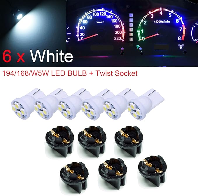 PA LED 6PCS T10 168 194 Led instrument Panel Dash Light Bulb 1/2" Twist Lock Socket -12V (White)