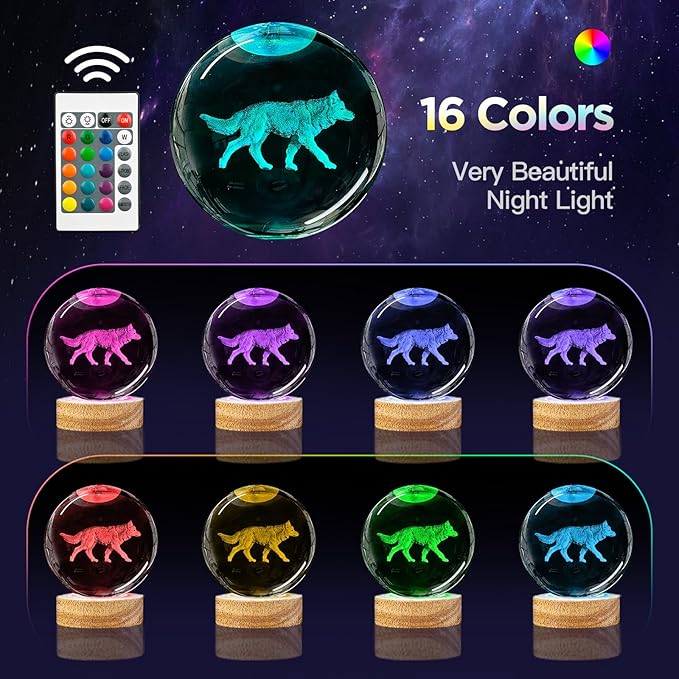 3D Crystal Ball Night Light with Wooden Base, 3.15" Glass Ball Lamp, 16 Colors, Remote Control, Cool Desk Decor, Gifts for Kids, Friends, Birthday, Holiday