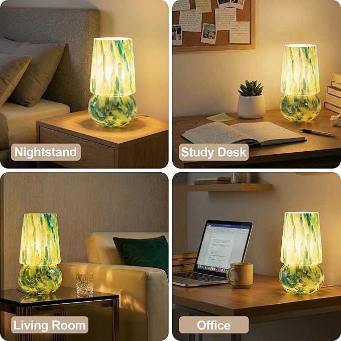 9.8 Inch Mushroom Table Lamp, UL Listed Dimmable Small Desk & Bedside Lamp with Woven Beige Cord, Handcrafted Pattern, Murano Home Decor for Bedroom, Living Room, Entryway (Emerald Teal)