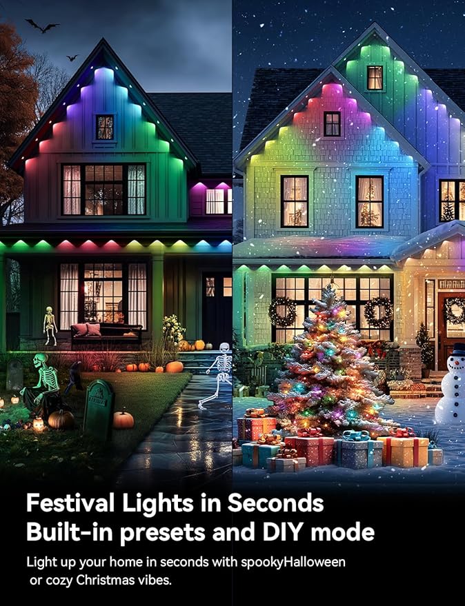 Permanent Outdoor Lights, RGB+IC Smart Outdoor Halloween Lights for House, 300ft with 150 LED, IP67 Waterproof LED Light for Halloween Christmas Decorations, Work with Remote, APP