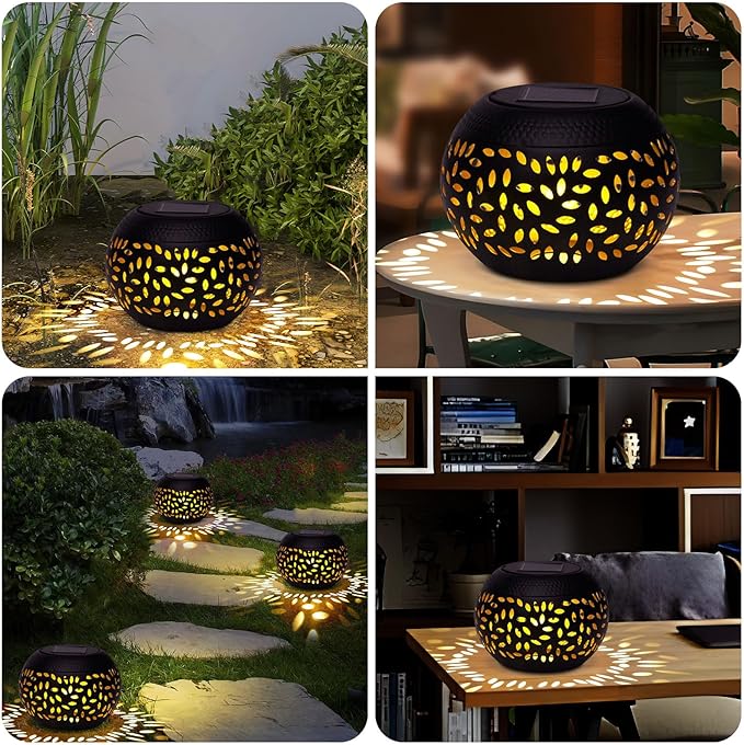 Solar Lanterns Outdoor Table Lights,2 Pack Outdoor Waterproof Decor, Hollow Out Retro Black Metal Solar Patio Lamps,Yard Porch Garden Balcony Indoor Desk Bedroom Tabletop Decorations
