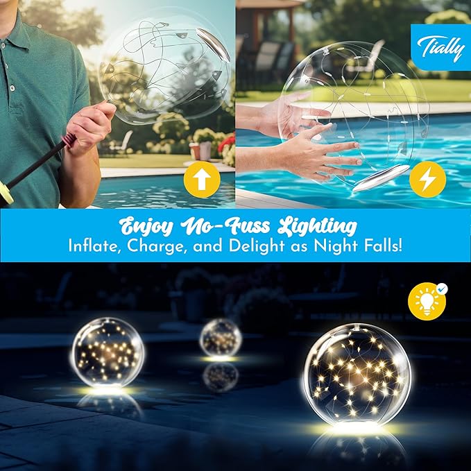 TIALLY Fairy Floating Pool Lights Solar Powered - 14" Inflatable Waterproof Led Glow Balls, Floating Light Up Balls for Swimming Pool Party Decorations, Cool Outdoor Decor (2 Pack)