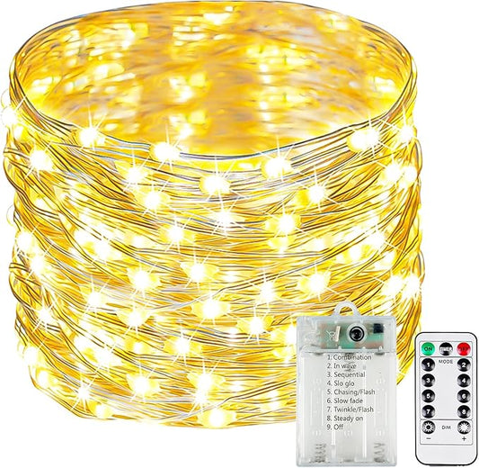 26FT 80 LED Fairy Lights Battery Operated with Remote Control & Timer, 1 Pack String Lights Outdoor Indoor, 8 Modes Twinkle Light for Christmas Party Wedding Birthday Bedroom DIY Décor (Warm White)