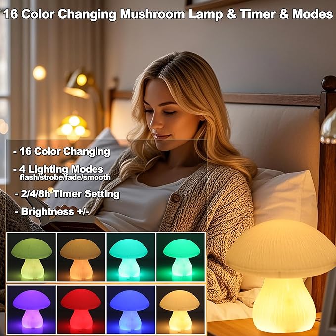 Vigdur Mushroom Lamp Small Lamp, 16 Colors Changing Mushroom Night Light Battery Operated with Remote, Christmas Table Lamp for Woman Bedroom Living Room Cottagecore Decor, 7.8'